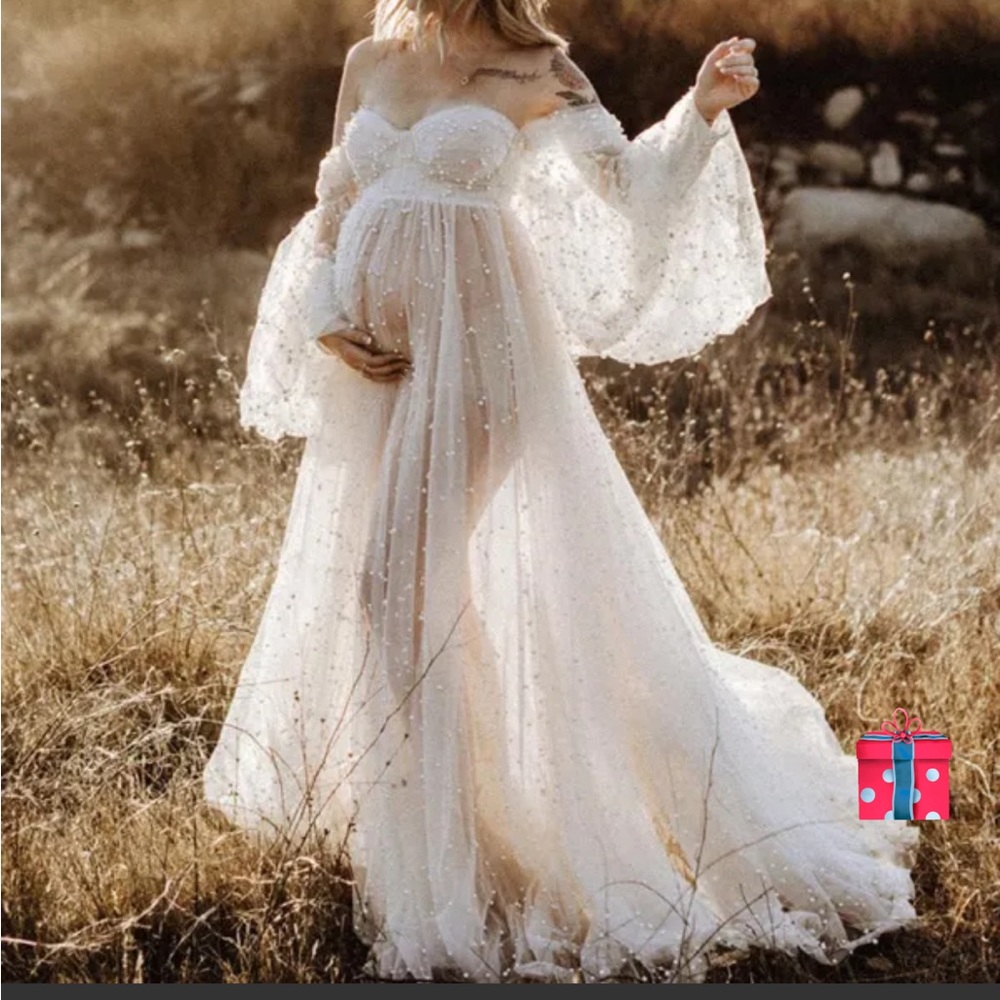 Maternity Off-shoulder White Pearl Sheer Lace Photoshoot Baby Shower Gown Dress
